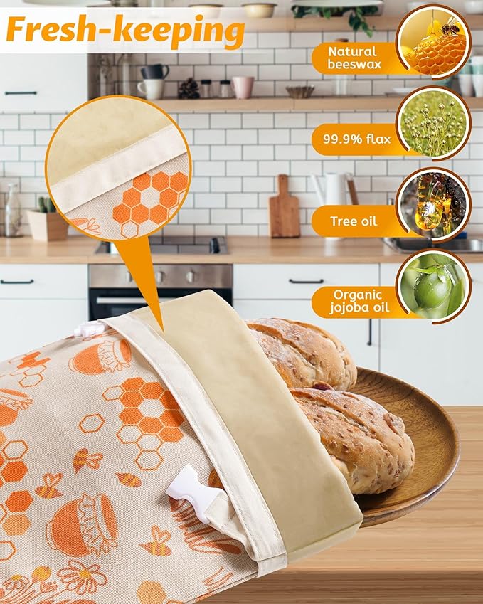 2 Pack Beeswax Bread Bags for Sourdough,Reusable Organic Linen Beeswax Bread Bag for Homemade Sourdough 17 x 12.6 Inches Food Storage Cloth Bag – Freezer-Friendly & Freshness Preservation