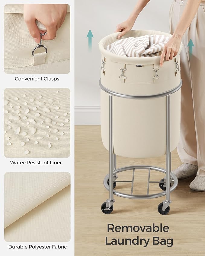 SONGMICS 18.5-Gallon (70 L) Laundry Basket with Wheels, Rolling Round Heavy-Duty Laundry Hamper Cart with Steel Frame and Removable Bag, 2 Locking Wheels, Cream White and Metallic Silver URLS006W01