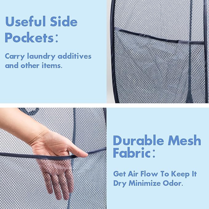 DUCOO Pop Up Hamper, 2 PCS Mesh Pop Up Laundry Hamper, Foldable Mesh Laundry Basket with Space Saving Design for Home, Dorm, Travel and Storage, Blue
