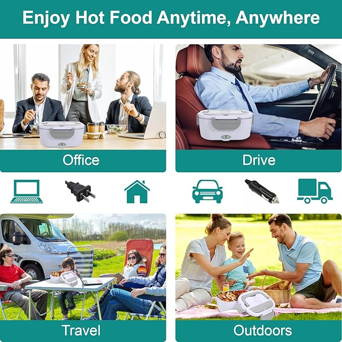 Electric Lunch Box Food Heater, 80W Heated Lunch Box for Adults, 12V 24V 110V Portable Food Warmer LunchBox for Car Truck Work with Removable 304 Stainless Steel Container White