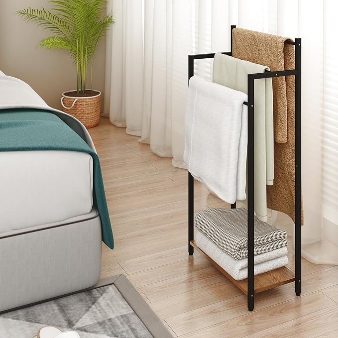 Freestanding Towel Rack, 3 Tier Blanket Ladder Stand with Rustic Brown Wooden Shelf for Bathroom Living Room (31.5”H x 16.9”W x7.9”D)