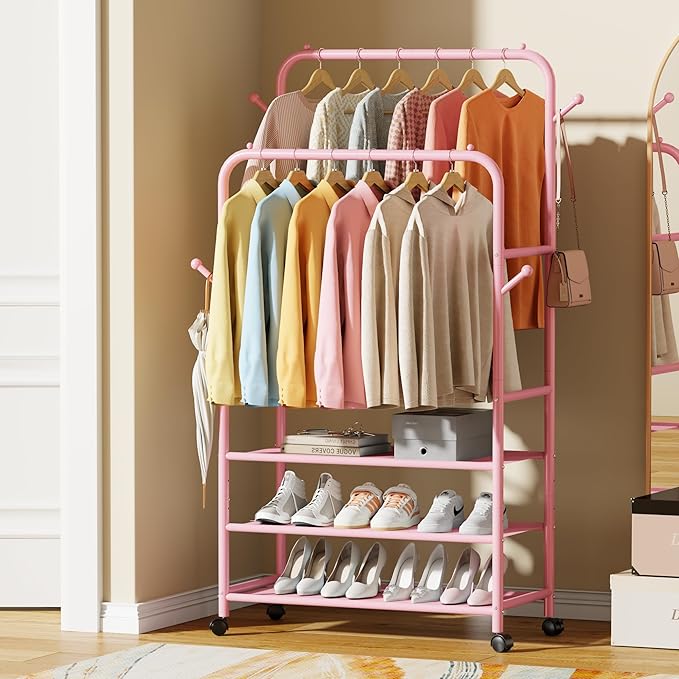 Furologee Pink Clothes Rack, Double Rods Clothing Racks for Hanging Clothes, Rolling Garment Racks with 3-Tier Shelves, Portable Rack with Wheels for Bedroom, Laundry, Living Room