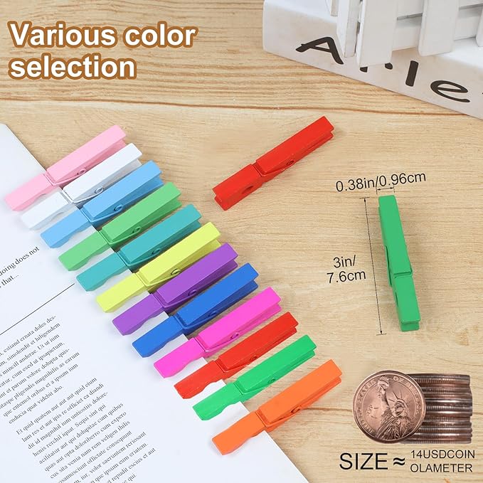 Phinus 72 Pcs Colorful Wooden Clothes Pins, 2.9 Inch 12 Colors Clothes Pins for Hanging Clothes, Pictures, Photos, Classroom, Crafts, Decoration, Colorful Clothespins Heavy Duty
