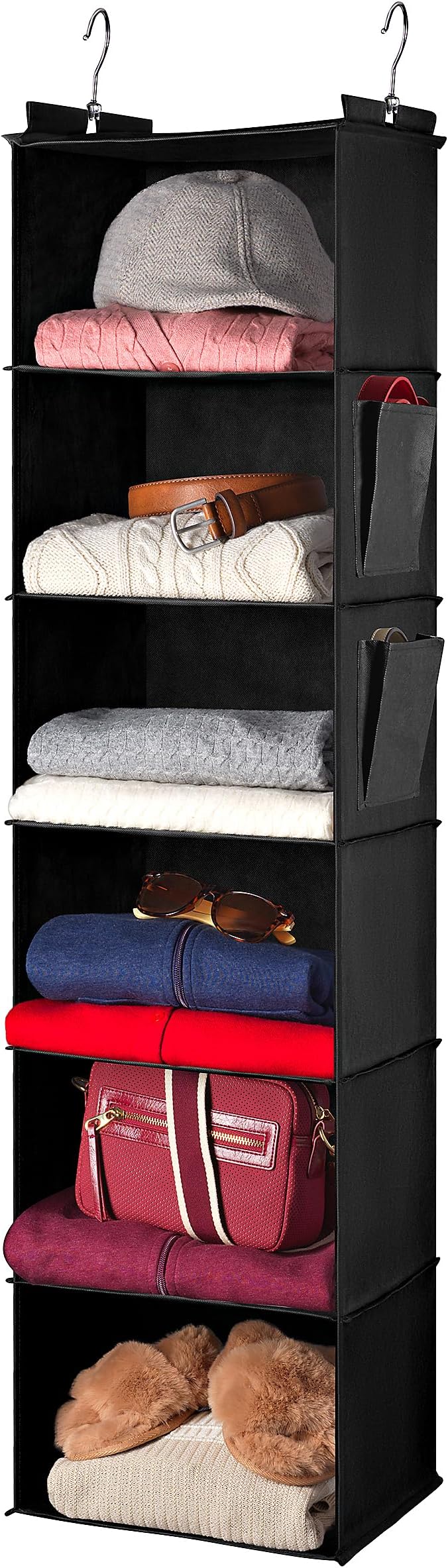 Handy Laundry Hanging Closet Organizer - 6 Shelf Storage for Clothes, Sweaters, Shoes & Accessories - Space-Saving Wardrobe Shelves with Hooks for Dorm, RV & Small Closet Organization (Black)