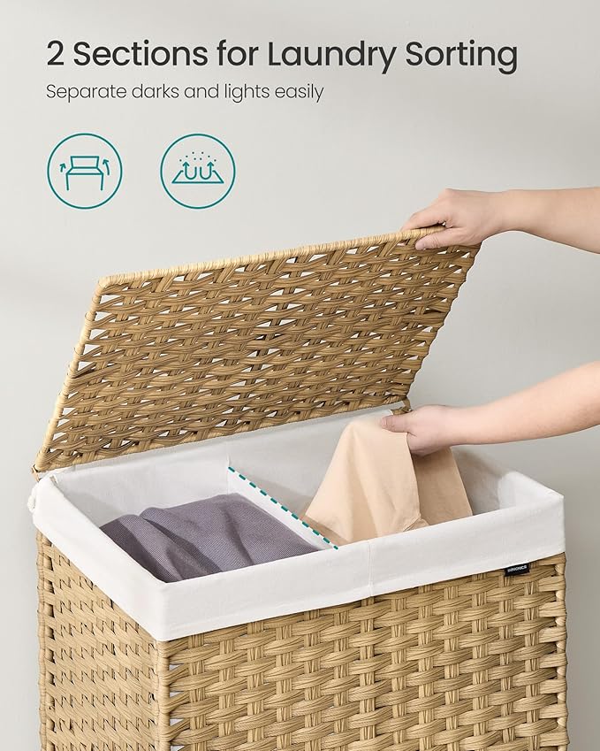 SONGMICS Laundry Hamper with Lid, 38.3 Gallons (145 L), Rolling Laundry Basket with Wheels, 2-Section Synthetic Rattan, Removable Liner, Bedroom, 21.7 x 15.7 x 26 Inches, Natural Color ULCB262Y01