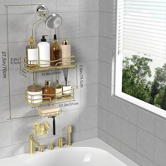 Over the Shower Head Caddy - 3 Tier Shower Caddy Hanging, Gold Bathroom Organizer with Soap Holder & Hooks