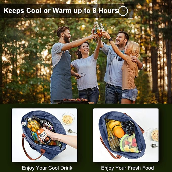 Lunch Bags for Women Insulated Thermal Lunch Tote Bag with Shoulder Strap Upgrade Large Lunch Box Container Drinks Holder for Adults Men Work Picnic Beach Park, Dark Blue