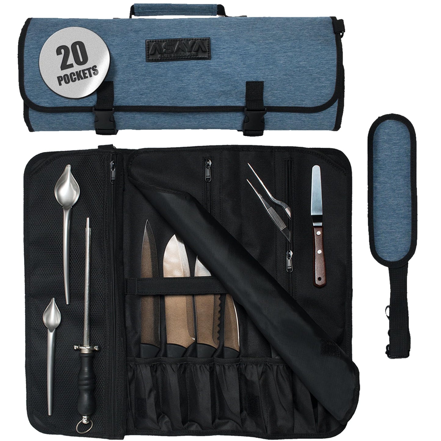 Asaya Waxed Nylon Chef Knife Roll Bag with 20 Slots and Zippered Pockets - Professional Chef Knife Bag & Storage Case, Tool Carrier with Shoulder Strap - Knives Not Included (Purple)
