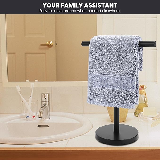 T-Shape Bath Hand Towel Holder Stand, Stainless Steel Free Standing Hand Towel Rack with Heavy Base, for Bathroom Kitchen & Countertop, Matte Black, 2 Pack