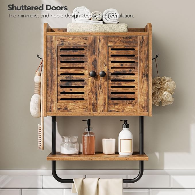 HOOBRO Bathroom Wall Cabinet, Double Doors Medicine Cabinet with Towel Bar, Adjustable Shelf, 2 Hooks, Over The Toilet Storage Cabinet, for Bedroom, Kitchen, Rustic Brown BF46CW01