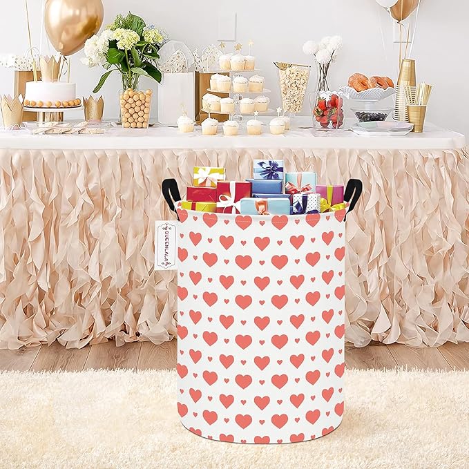 QUEENLALA Large Storage Basket,Laundry Hamper/Bathroom/Home Decor/Collapsible Round Storage Bin,Boys and Girls Hamper/Boxes/Clothing(Round-Pink Heart)