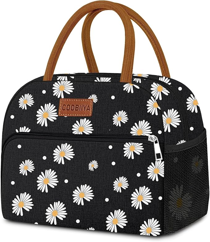 Coobiiya Lunch Bag Lunch Box for Women Men, Reusable Cute Lunchbag - Leakproof, Adult Insulated Lunch Box Tote with Large Capacity, Cooler Container for Work, Travel, Office (Black Daisy)
