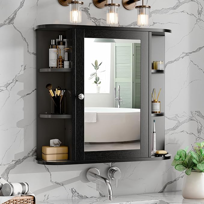 Meilocar Bathroom Mirror Cabinet Wall Mounted, Bathroom Medicine Cabinet with Mirror and 6 Open Shelves, Modern Wall Cabinet, Black