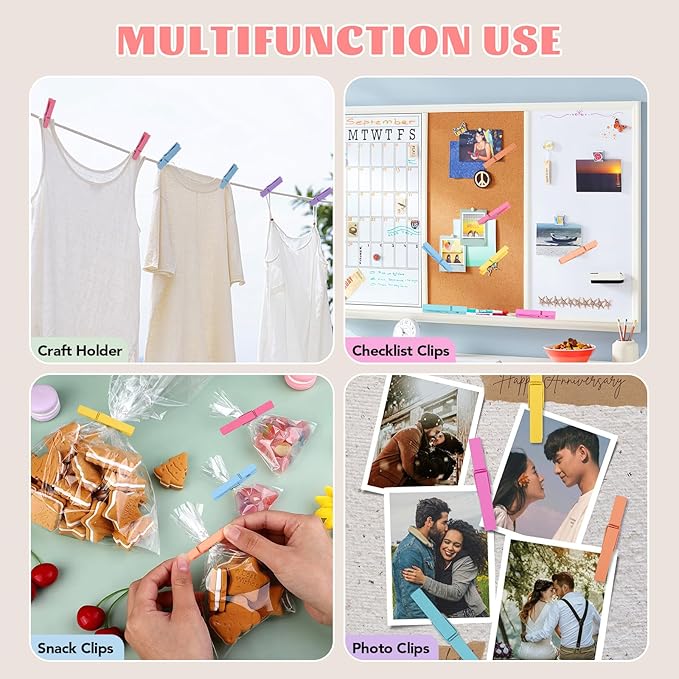 Colored Clothes Pins 72 Pack, Natural Wood 2.9 Inch, 9 Pastel Colors Cheer Pins for Hanging Clothes, Clothespins, Photo Clips with Rope, Hand Craft DIY Pins
