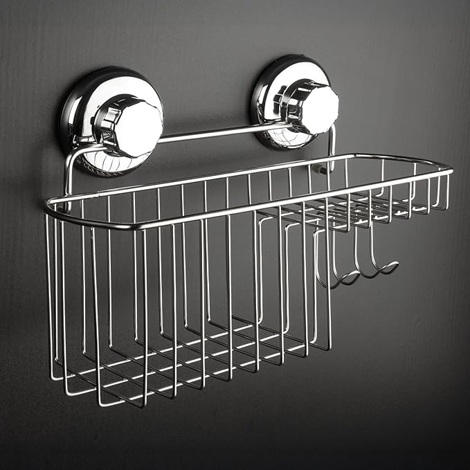 HASKO Suction Cup Shower Caddy Basket for Shampoo, Shower Suction Shelf Organizer, Basket with Soap Holder and Hooks, Stainless Steel Shampoo Holder for Bathroom Storage, Chrome