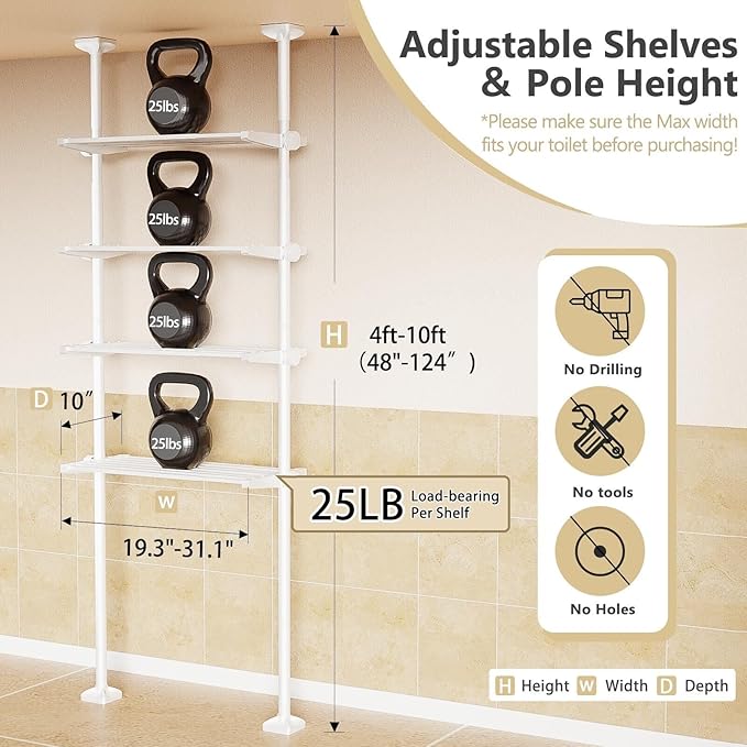 Bonpally Over The Toilet Storage Shelf, 4-Tier Adjustable Bathroom Organizer, No Drill Tension Mounted Shelves Metal, Space-Saving Bathroom Cabinet Rack Above Toilet for Small Bathroom Rooms, White