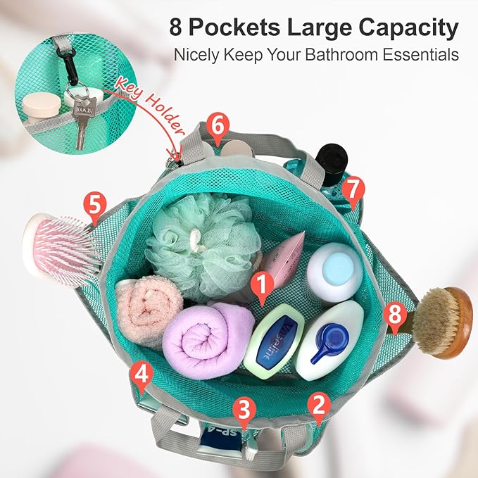 F-color Mesh Shower Caddy Portable with Drawstring - Large 8 Pockets Dorm Room Essentials for Guys Girls with S Hook, Shower Bag Basket Tote for College Camping Gym Travel Bathroom, Mint Green