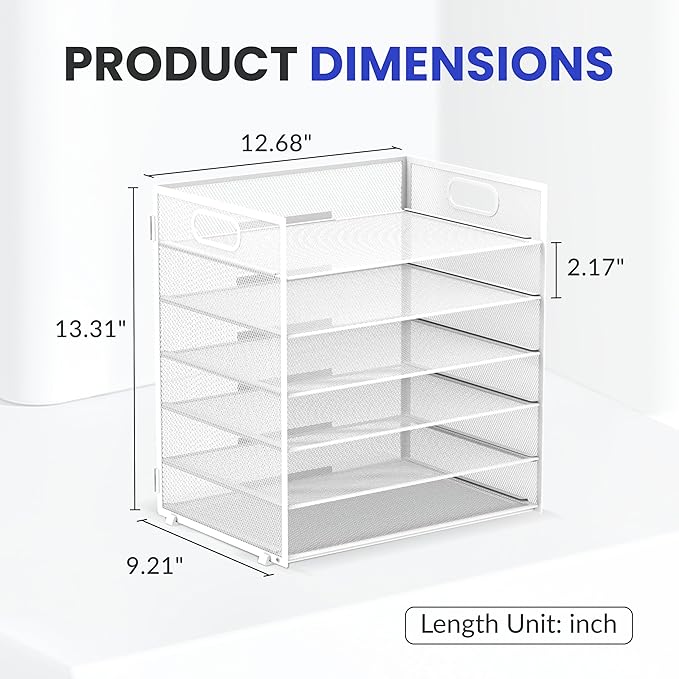 Daltack 6 Tier Paper Organizer for Desk, Paper Letter Tray Organizer for Desks, Mesh Desk File Organizers with Handle for Office, Home, School, White