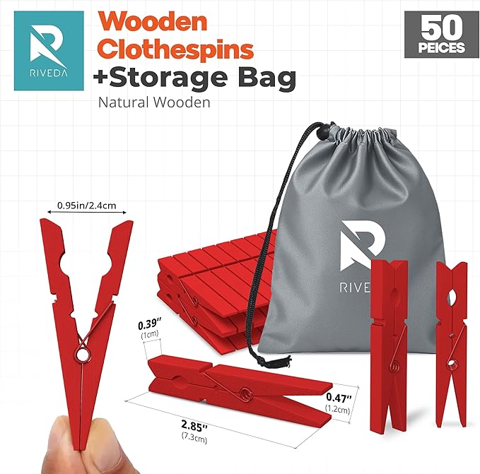 RIVEDA 50pcs Colored Wooden Clothes Pins, 2.9inch, Clothespins for Classroom, Clip Hanging Photos, DIY Clips for Crafts, Decorations (Red)