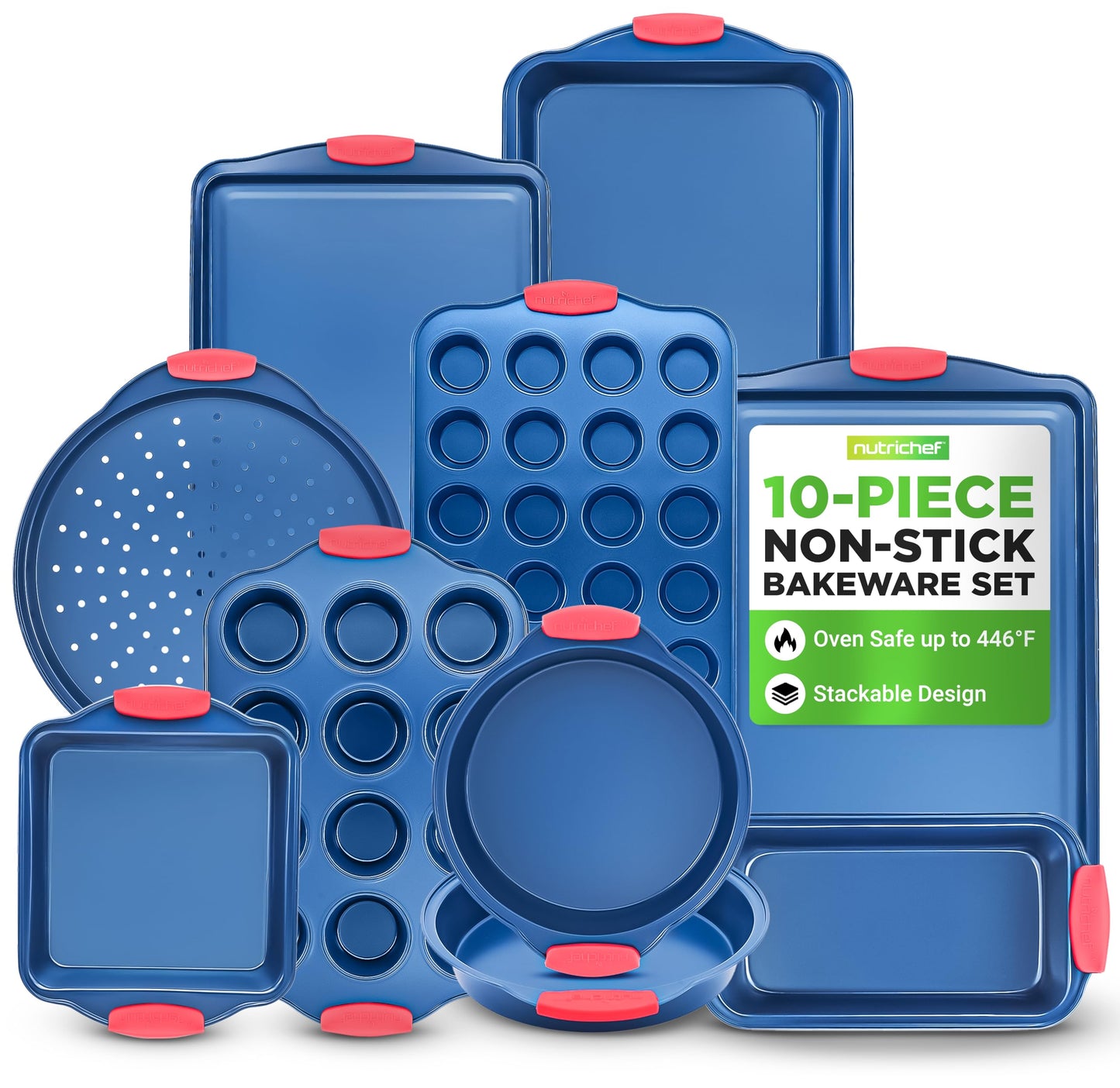NutriChef 8-Piece Bakeware Set - Nonstick Carbon Steel Baking Pans with Red Silicone Handles, Blue Coating, Durable & Stain-Resistant, Perfect for Baking Cakes, Muffins, Cookies (Blue)