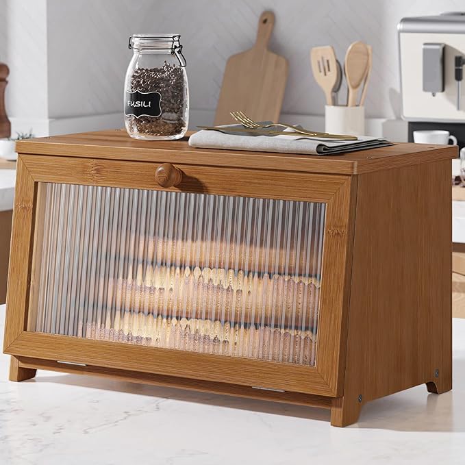 Kitsure Bamboo Bread Box Single Layer Kitchen Countertop Storage Organizer Natural Brown