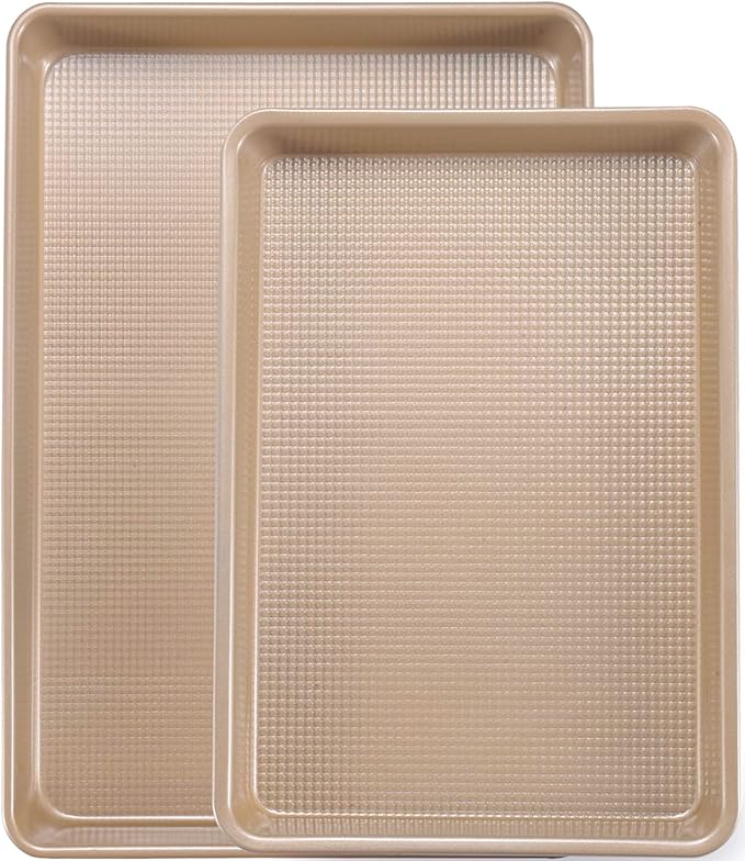 JOHO BAKING Cookie Sheets for Baking Nonstick, 2 Pack Heavy Duty 0.8mm Dark Gray Sheet Pan Set Quarter(9x13in) & Jelly Roll(10x15in), Diamond Textured Commercial Grade, Small Oven Safe
