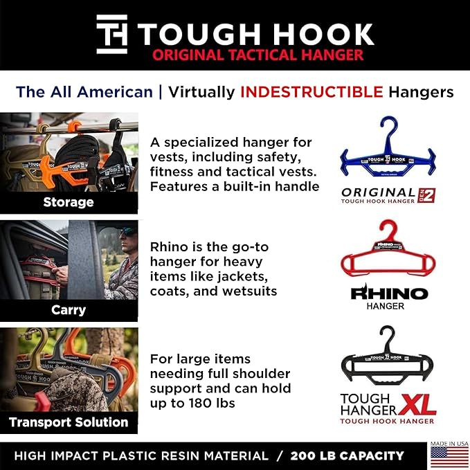 Tough Hook Original Heavy Duty Hangers – The Superhero of Hangers USA-Made, Anti-Slip ABS Resin Tactical Hanger for Police Gear, Scuba Gear & Dive BCD – DuraResin 200-lb Cap Wetsuit Hanger, 1 Blue