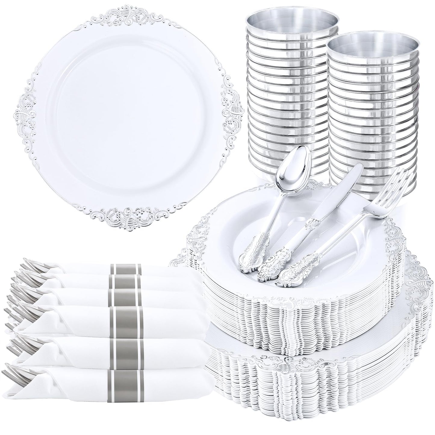 Nervure 350Pcs Purple Plastic Plates, Plastic Dinnerware Set for 50 Guests