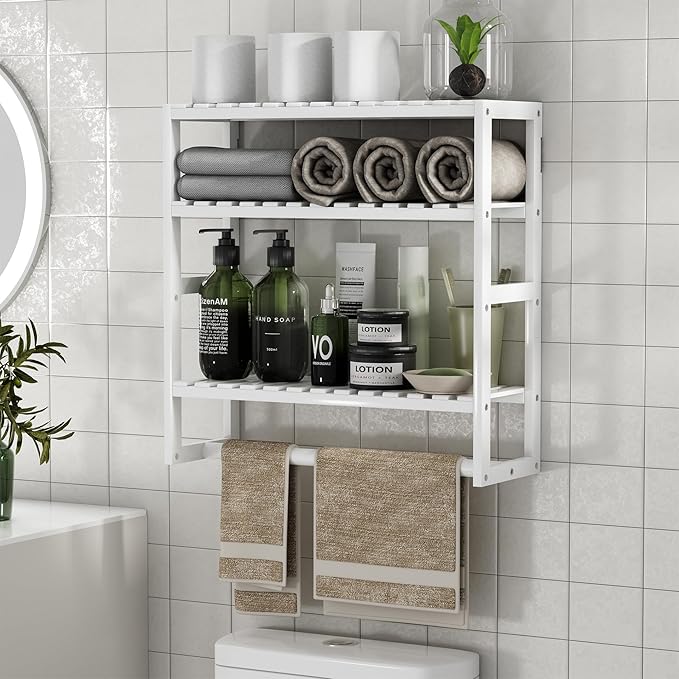 PPN Towel Rack Bathroom Storage Shelves Over The Toilet with Towel Bar 100% Bamboo Adjustable Height Floating Shelf Wall Shower Shelf for Small Space Bathroom Kitchen Multi Usage (White-1Pack)