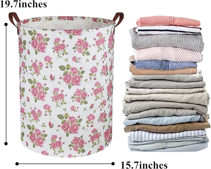 HIYAGON Roses Pink Laundry Basket Baby Girls Laundry Hamper Kids Toy Storage Bins Organizer Gift Basket Pink Rose Bedroom Decor Bathroom(Pink Rose)