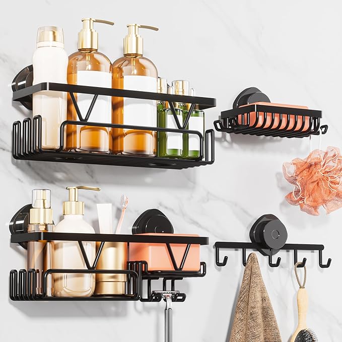 KEGII Shower Caddy Suction Cup, 4 Pack Suction Shower Shelf with Towel Rack No Drilling, Removable Shower Organizer with Hooks & Soap Holder, Space-Saving Bathroom Storage (Black)