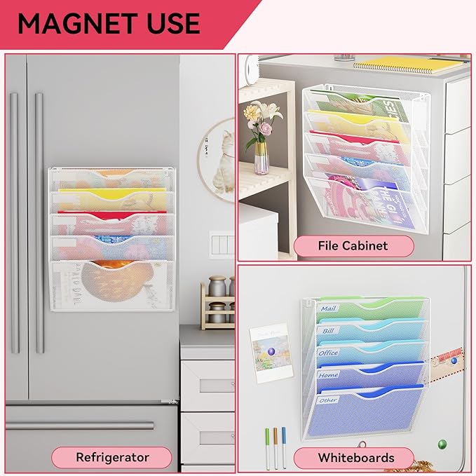 5-Tier Magnetic File Holder, No Drilling Wall File Organizer, File Folder Bins, Mail & Magazine Rack, Magnetic Paper Document Holder for Refrigerator File Cabinets Whiteboard, White