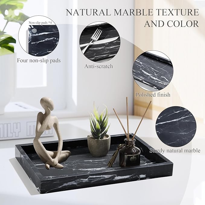 Real Natural Marble Tray for Bathroom, Genuine Marble Stone Vanity Tray, Luxury Storage Trays for Kitchen, Vanity, Home Decor, Dresser, Non-Resin/Non-Ceramic, 12"x 8"x 1.2", Black