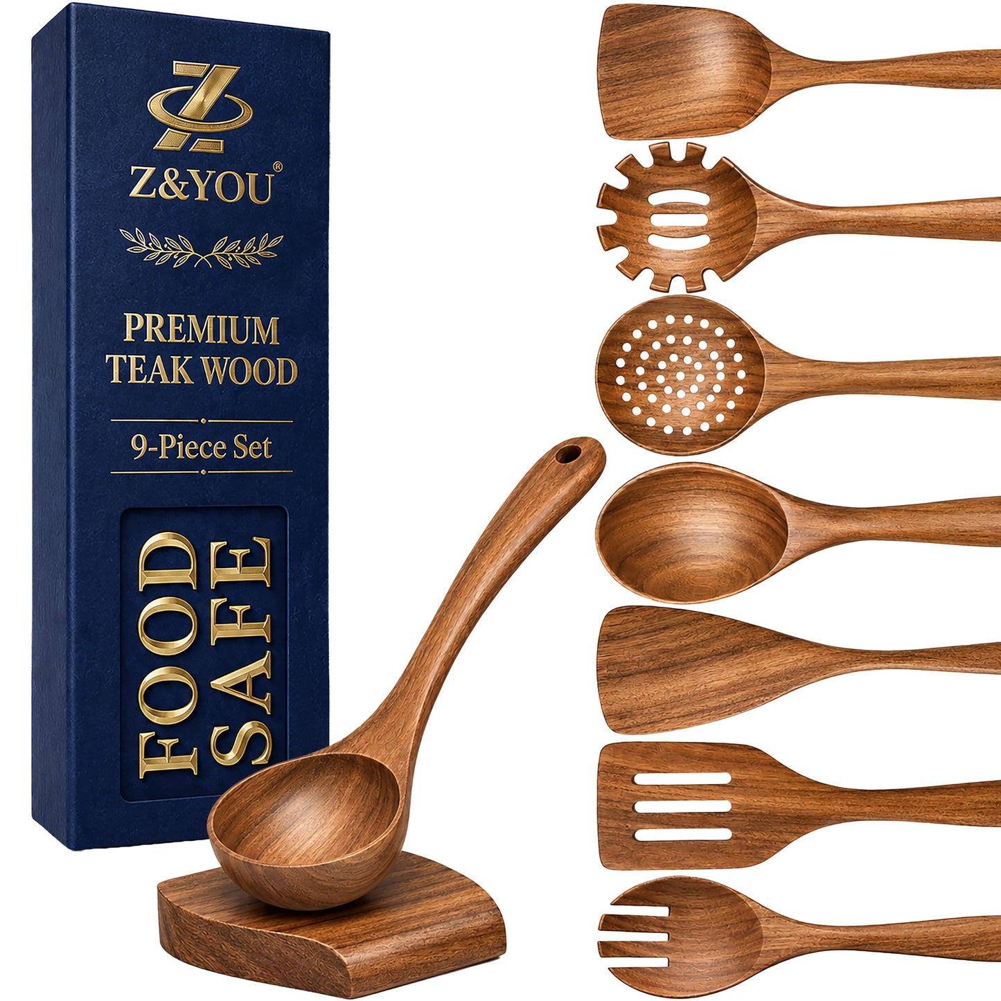 9-Piece Teak Wooden Utensil Set – Wooden Spoons for Cooking with Spoon Rest, Wooden Spatula, and Non Toxic Cooking Utensils – Premium Kitchen Utensils Set for Daily Use