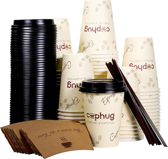cuphug 12oz Disposable Coffee Cups with Lids, Kraft Sleeves & Straws, 100 Pack Black Paper Hot Drink Cups