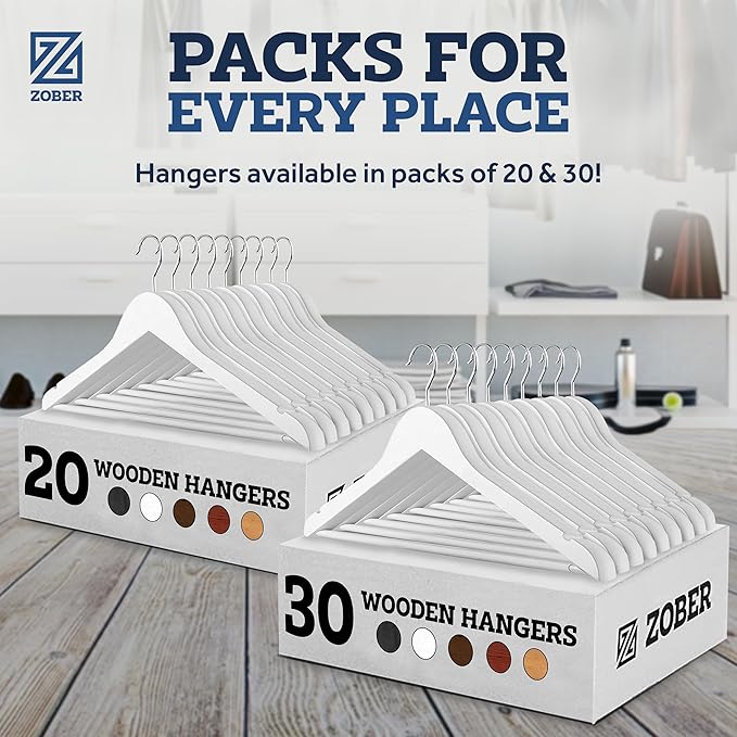 ZOBER White Wooden Hangers - Heavy Duty, Non Slip Wood Hangers for Coats, Jackets, Suits, & Pants - Coat Hangers for Closet W/Bar and Notches 20 Pack