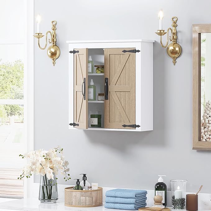 Spirich Bathroom Wall Cabinet Over Toilet, Farmhouse Wall Mounted Medicine Cabinet Organizer with Wood Grain Barn Doors and Adjustable Shelves