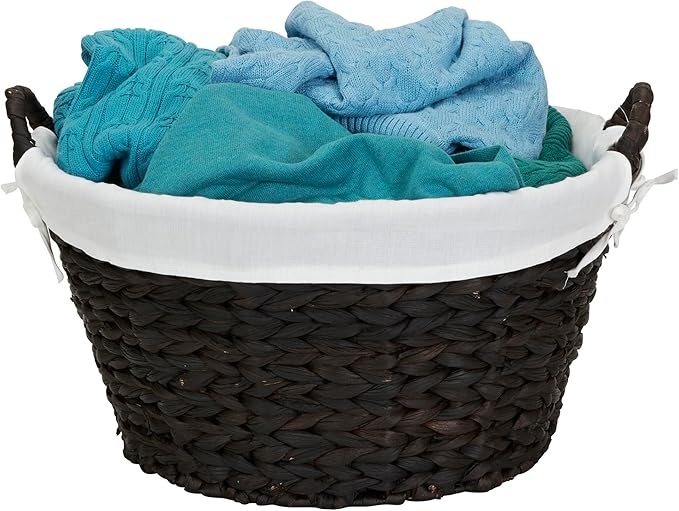 Household Essentials Round Wicker Laundry Basket with Handles, Whimsical Water Hyacinth Basket, Supportive Metal Frame, Removable Polyester Liner, Handwoven, Well-Structured and Versatile, Natural