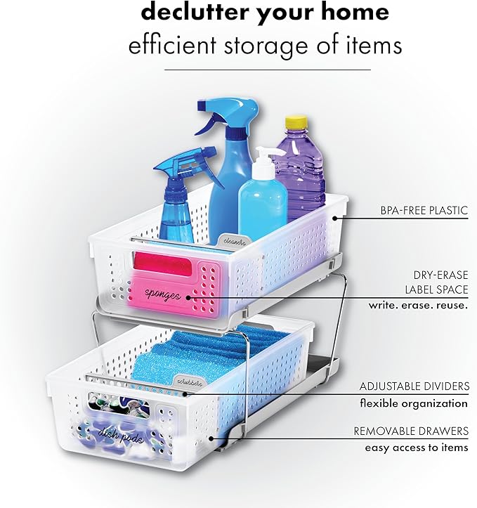madesmart 2 Tier Bath Organizer,Undersink Storage with Sliding Drawers,for Cleaning Supplies,Pantry,Sponges,Bottles&Kitchen Essentials,Adjustable Dividers&Pull Out Sliding Baskets,Frost,(Pack of 2)