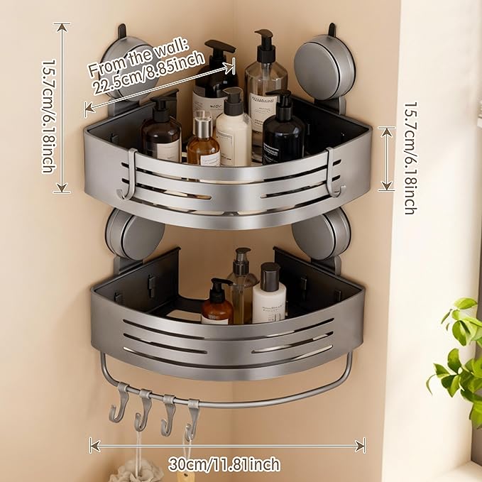 Corner Suction Cup Shower Caddy(2-Pack Gray),No-Drilling Aluminum Shower Shelf with Towel Bar & Hooks,Removable Bathroom and Kitchen Storage Organizer.