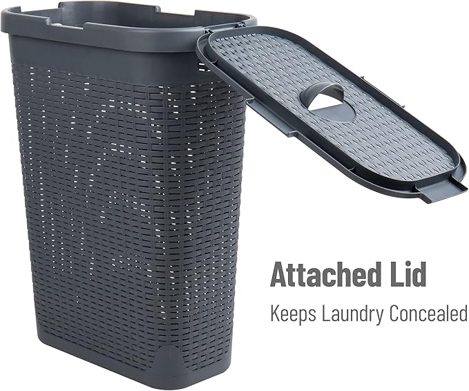 Mind Reader Slim Laundry Hamper with Lid, 40L Clothes Basket, Premium Wicker Design, Plastic, Gray