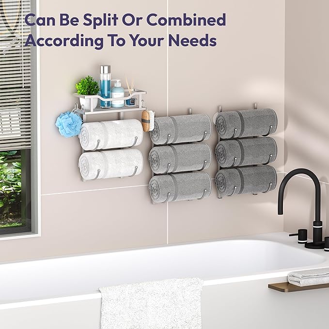 SWTYMIKI Over The Door Towel Rack - 9 Tier Towel Racks for Bathroom Wall Mounted, Towel Holder with Shelf, Hanging Rolled Towel Storage Organizer for Small Bathroom, Camper, RV, Sliver