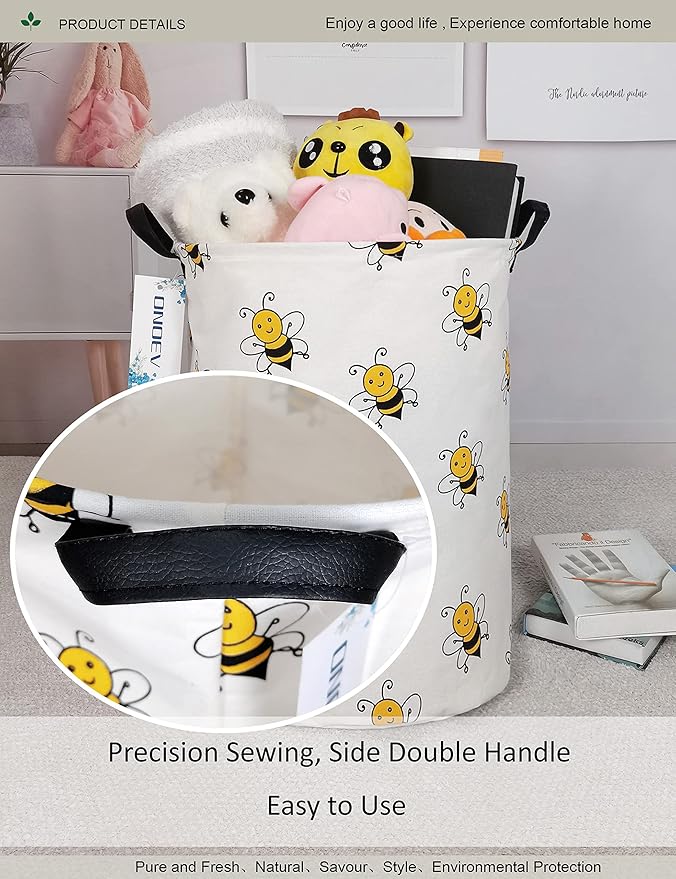 Round Folding Laundry Hamper, Canvas Basket,Nersury Hamper,Suitable for Children,Office,Bedroom,Clothes,Toys Storage（Bee）