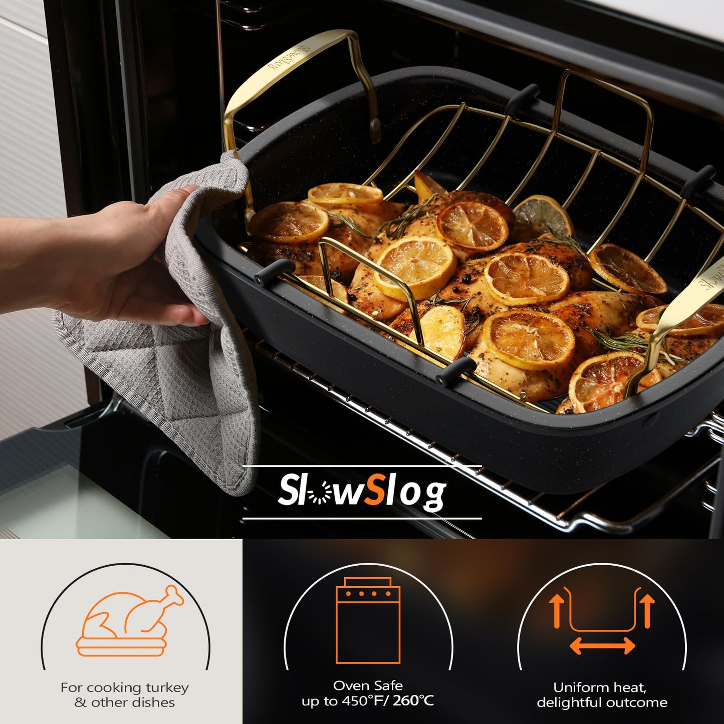 Turkey Roasting Pan, 17x13 Inch Roaster Pan for Turkey, Black&Silver
