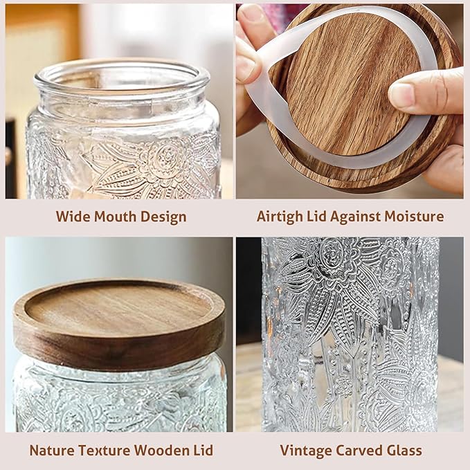 24 OZ Airtight Glass Storage Jar with Bamboo Lid - Vintage Glass Jar Vintage Food Containers Canisters Set for Kitchen Counter & Pantry - Ideal for Sugar, Flour, Coffee, Tea, Candy, Oats -6 Pack
