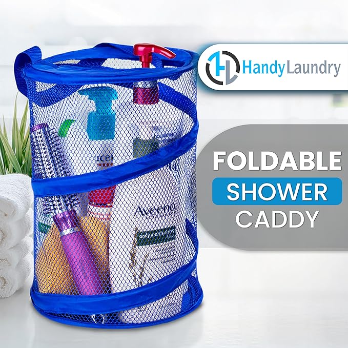 Handy Laundry Foldable Shower Caddy - Collapsible, Portable, Drainage Hole, Carry Handle, Large Compartments. Great Organizer for Camp, Travel, Gym, and Dorm (Blue)