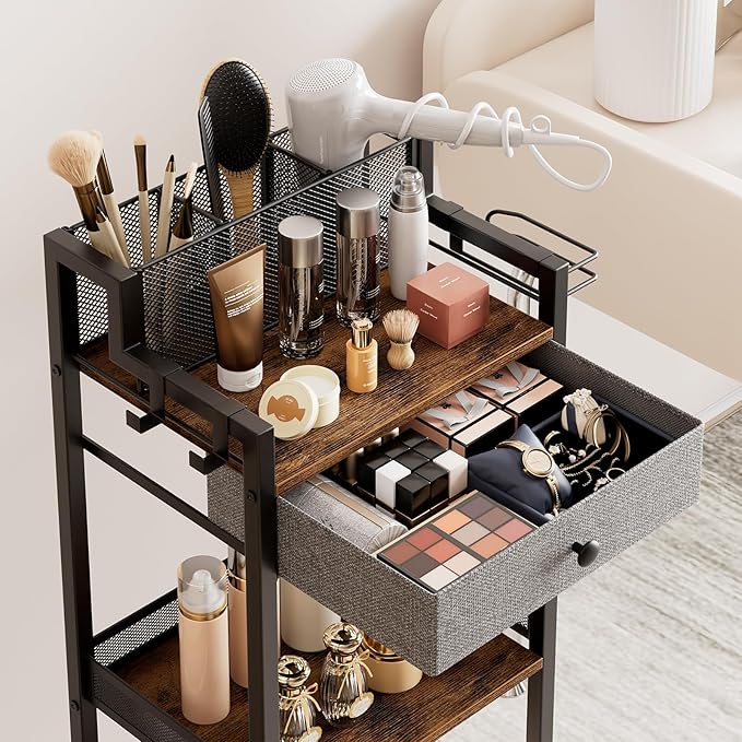 Bathroom Storage Organizers with Drawer, 3 Tier Metal Rolling Standing Unit with Toilet Paper Holder, Multifunctional Floor Corner Rack for Cosmetic, Dryer Curling Irons 12.8in Wide Black
