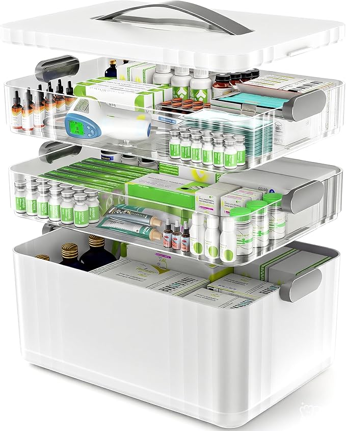 3-Tier Medicine Organizer - Portable Medicine Cabinet with Plastic Handle, Multipurpose Medical Box with Pill Box, Empty First Aid Kit for Home