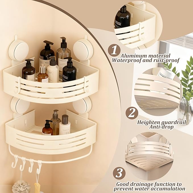 Corner Suction Cup Shower Caddy(2-Pack Cream White),No-Drilling Aluminum Shower Shelf with Towel Bar & Hooks,Removable Bathroom and Kitchen Storage Organizer