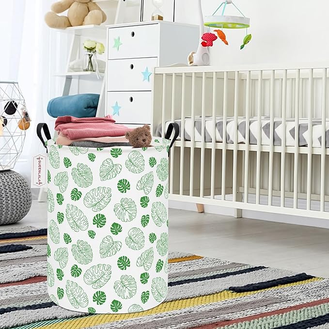 QUEENLALA Large Storage Basket,Laundry Hamper/Bathroom/Home Decor/Collapsible Round Storage Bin,Boys and Girls Hamper/Boxes/Clothing(Round-Green Leaf)